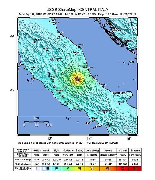 L'Aquila Earthquake Zone -marked in yellow and red-